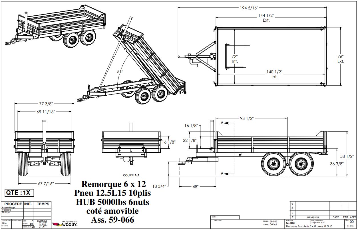Remorque basculante Woody 612 série standard spec